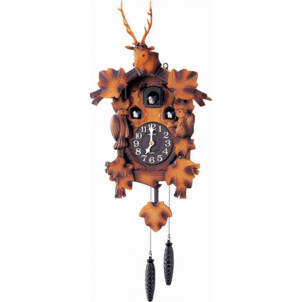 Rhythm Cuckoo Clock Auto Sensor Night Shut-Off, Bird Chirping,with Door,Triple Birds,Deer Head,Pendulum Wooden Case (38.2x77.0x29.0cm,Brown)